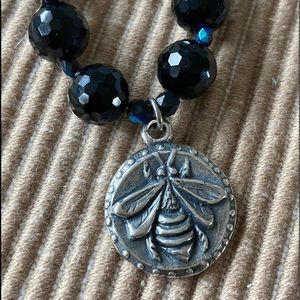 NWT Black Faceted Crystal Necklace w Pewter Bumblebee Pendant